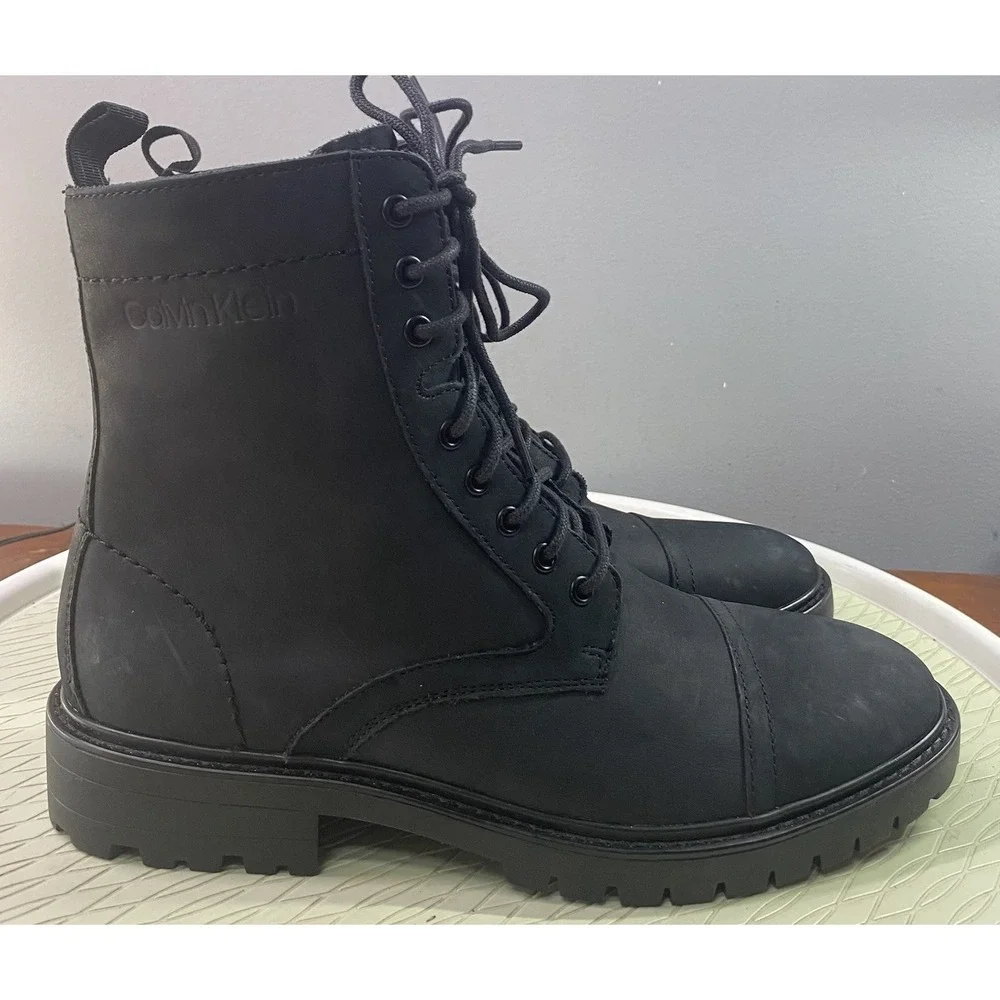 Calvin Klein Men Lorenzo Leather Lace Up Black Ankle Combat Boots Black Biker 8M